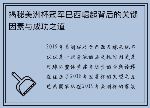 揭秘美洲杯冠军巴西崛起背后的关键因素与成功之道