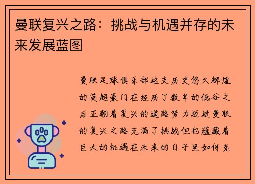 曼联复兴之路：挑战与机遇并存的未来发展蓝图